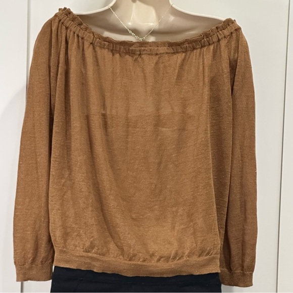 Sézane Pull Dolores Linen Blouse Brown XS Off Shoulder Boho Peasant Romantic - Picture 5 of 10
